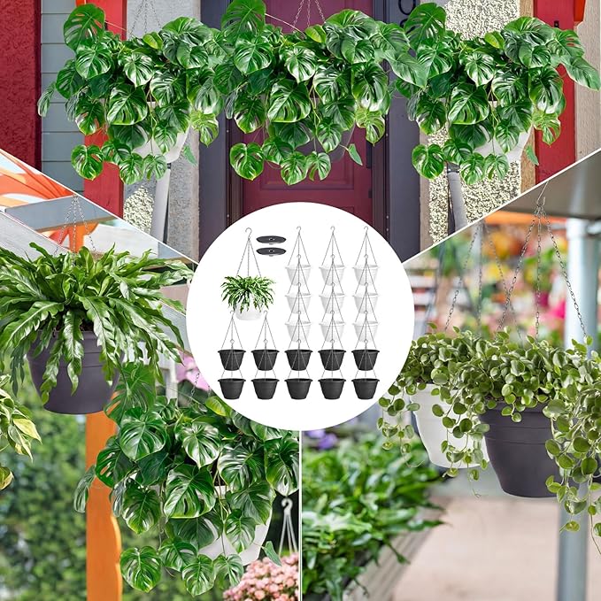 20 Pcs 10 Inch Plastic Self Watering Hanging Planters Bulk Hanging Baskets for Plants Indoor Outdoor with Drainage Holes and Chain Plant Pot for Garden, Balcony, Porch, Patio Decor