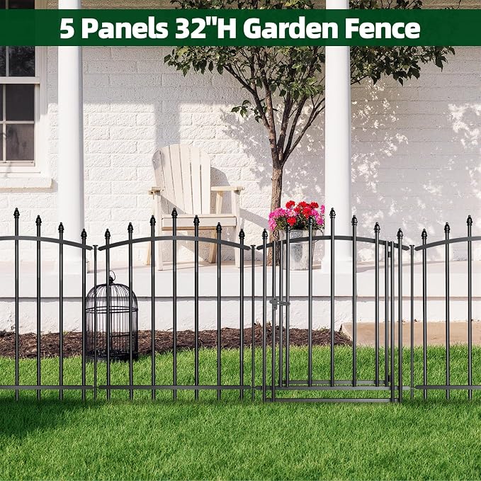5 Panels,No Dig Edging Decorative Garden Fence,32 in (H) x 24 in(L),Metal Rustproof Panel,Outdoor Dog Fence,Animal Isolation Fence Suitable for Gardens,Roman Column Black with Gate