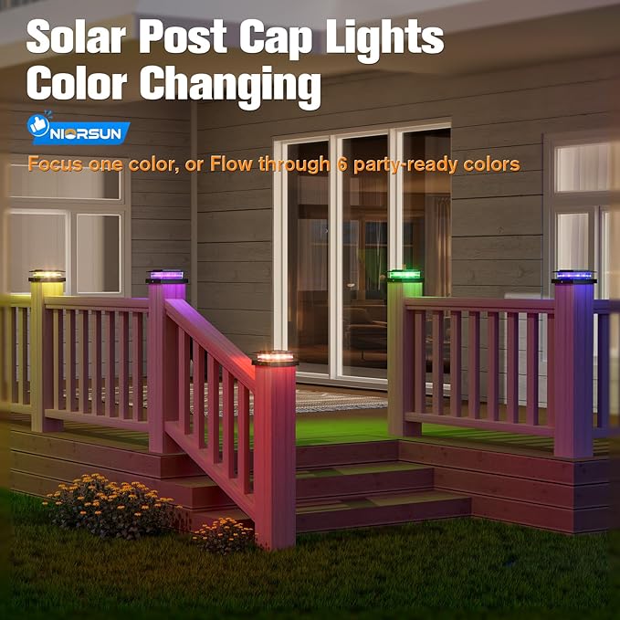 NIORSUN Solar Post Cap Lights Outdoor Waterproof, 4x4 Post Solar Lights RGB Color Changing, Fence Posts Solars Light for Deck Patio Garden Decoration, 4x4 Posts Caps Wood Vinyl, 16 Pack (Black)