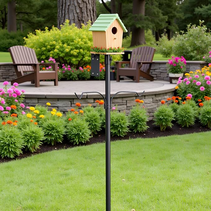 79 Inch Bird Feeder Pole Kit, 5-Prong Base, Hanging Hook | Heavy-Duty Metal Pole, for Bird Houses, Garden Décor, Backyard and Patio Use