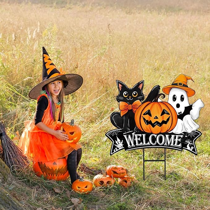 JarThenaAMCS Vintage Halloween Metal Garden Stake Pumpkin Ghost Black Cat Decorative Lawn Sign Welcome Yard Sign for Trick or Treat Party Home Outside Lawn Porch Decor