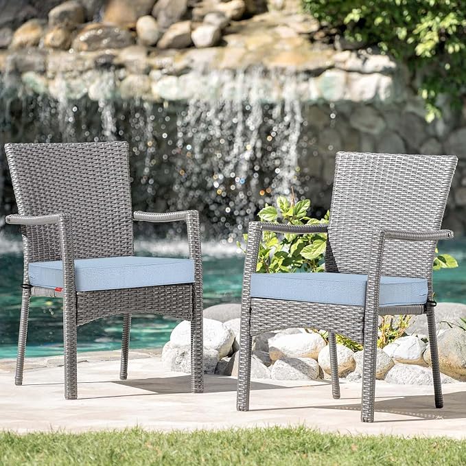 Patio Chair Cushions 22x22 Inch, Water Repellent Outdoor Seat Cushions with Adjustable Straps, Fade Resistant Replacement Cushions for Garden Deck Sofa Couch, Set of 2, Light Blue