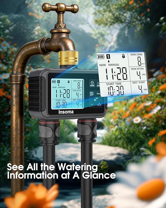 Insoma Water Timer with Brass Inlet, 2 Independent Zones Outdoor Hose Timer for Garden Faucet with Auto/Manual/Rain Delay Mode, Sprinkler Irrigation Controller for Yard Lawn