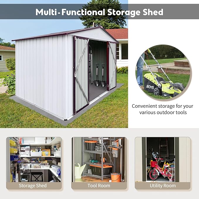 6x8 FT Metal Tool Shed, Galvanized Steel Large Outdoor Storage Shed, Storage Shed Equipped with Vents, Tool Shed with Door and Padlock, Ideal for Backyards, Patio Lawns and Outdoor, Brown White