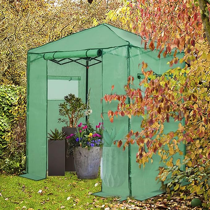 EAGLE PEAK Replacement Cover for 6x4 Portable Walk-in Pop up Greenhouse, Front Roll-Up Zipper Entry Door and 2 Roll-Up Side Windows (Frame Not Included), Green
