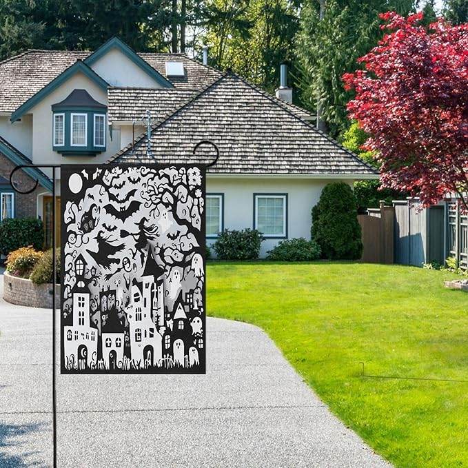 Halloween Witch Black House Flag 28x40 Inch Double Sided Outside Spooky Ghost Boo Bat Seasonal Yard Outdoor Flag Banner for Garden Lawn Patio Holiday Decorations