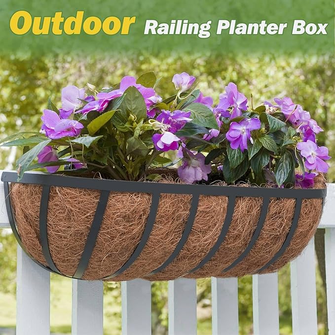 ZeeDix 4 Pack 24 Inch Railing Planter Box, Metal Window Boxes with Coco Liners for Railing, Hanging Flower Boxes for Deck Porch Balcony & Fence Outdoor Indoor Lawn