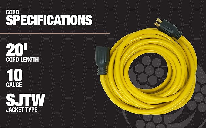 Southwire Generator Cord - 10-Gauge Heavy Duty Electrical Power Cable with L14-30 Locking Plug & Receptacle - Dual Voltage 125V/250V - Molded Connectors - Weather Resistant - Yellow & Black - 20 Feet