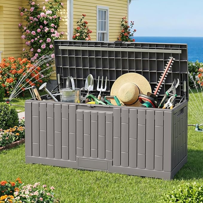 Jocoevol Deck Box 120 Gal, UV Resistant & Waterproof Outdoor Storage Box with Lock, Easy Assemble Storage Bins Container for Pool Patio Garden