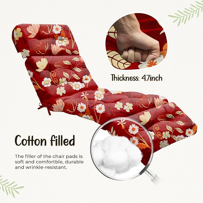 2 Pack Outdoor Chaise Lounge Chair Cushion 75.1 x 22.8 x 4.7 Inches 100% Waterproof Replacement Cotton Patio Pool Lounge Chair Cushion for Outdoor Furniture with Ties, Red Peony