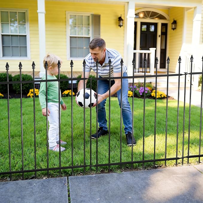 Decorative Metal Garden Fence,(10 Panels+ 11 Posts), Total Iength24 ft(W) x 32 in(H), High Metal Border Fence, Classic Roman Column Decoration, Garden and Lawn Landscape Fence, Black Animal Fence