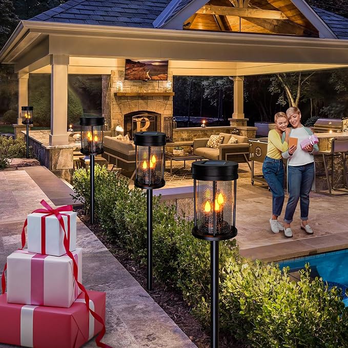 Outdoor Garden Solar Stake Lights Flickering Candle Lantern Lighting for Yard, Lawn, Patio, Pathway, Wall Decoration (2Pack, Black)