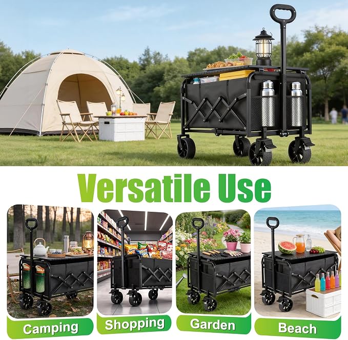 500LBS Collapsible Folding Wagon Carts with Table - 230L Large Foldable Collapsible Portable Wagon Cart with Breaks, Heavy Duty & All-Terrain Swivel Wheels for Camping Shopping Garden & Fish