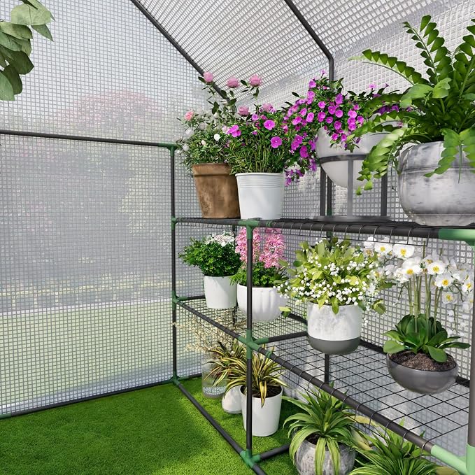 Greenhouse for Outdoors, Small Greenhouse, Walk-in Greenhouses with 3 Tiers 8 Shelves, PE Cover, Heavy Duty Plant Greenhouses for Garden and Backyard