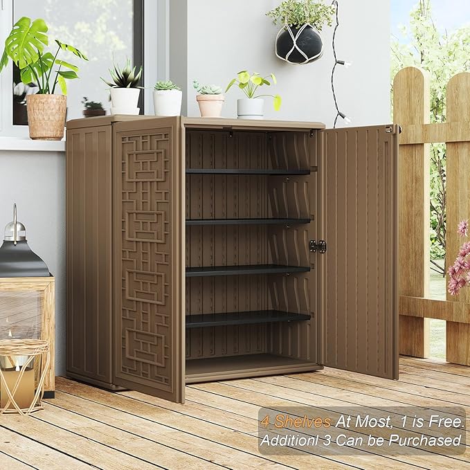 HOMSPARK Indoor/Outdoor Storage Cabinet with Doors and Shelf, 34”x16”x36” HDPE Plastic Storage Box for Patio, Balcony, Multi-Purpose for Tools, Brown