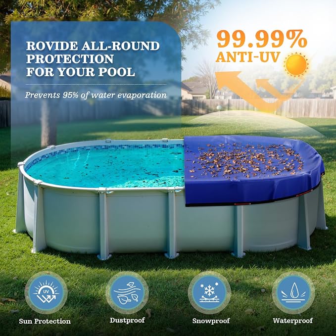 UIRWAY Upgraded 15x30 ft Oval Pool Cover- 200gsm Heavy Duty Fabric Pool Cover for Above Ground Pools, Extra Thick & Durable, Cold and UV Resistant, Includes Winch and Cable Set