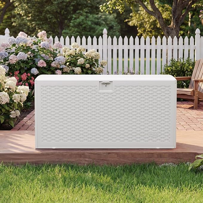 99 Gallon Waterproof Large Resin Deck Box Indoor Outdoor, Lockable Storage Container for Patio Furniture Cushions, Throw Pillows, Garden Tools, and Pool Floats, White