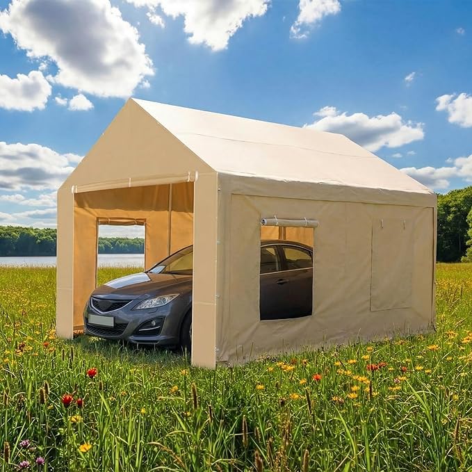 10 x 20 ft Carport Front Panel Tarp Khaki Canopy Shelter Replacement Cover with Opening Door Drill Holes on Both Sides Car Canopy Tent for Truck, Car, Boat