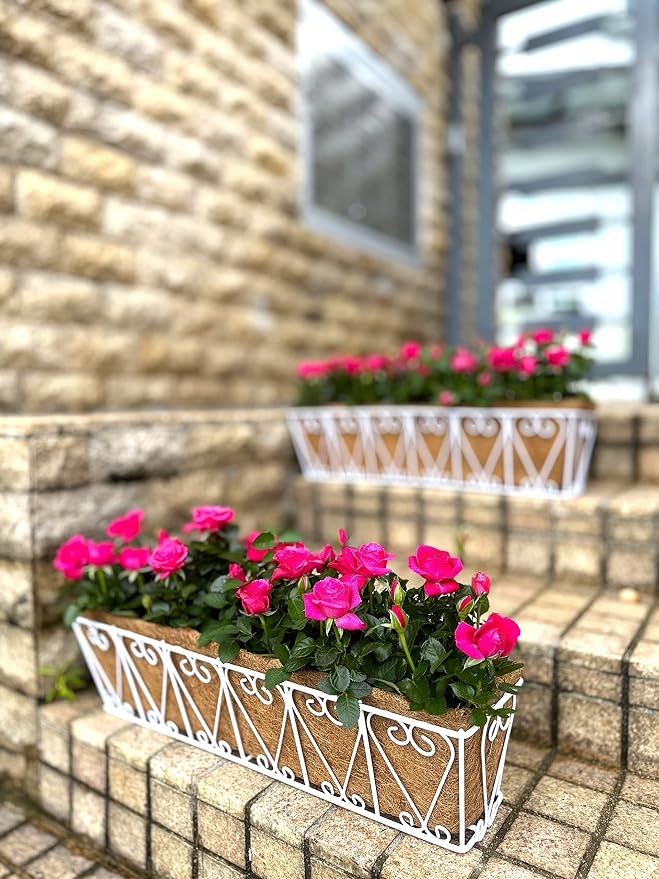 LaLaGreen Wall Hanging Planter - 2 Pack, 24 Inch Deck Railing Planter, Window Flower Boxes Basket Outdoor White Deck Railing Hanging Pot Coco Liner Metal Plant Holder Fence Planter Balcony Patio Porch