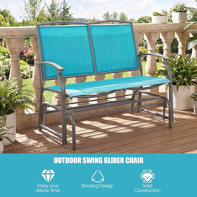 Giantex Outdoor Glider Bench, Patio Glider Bench for Outside, Steel Frame, 400 Lbs Capacity, Ergonomic Swing Rocking Chair Loveseat, 2-Person Porch Swing Rocker for Backyard, Lawn, Balcony, Turquoise