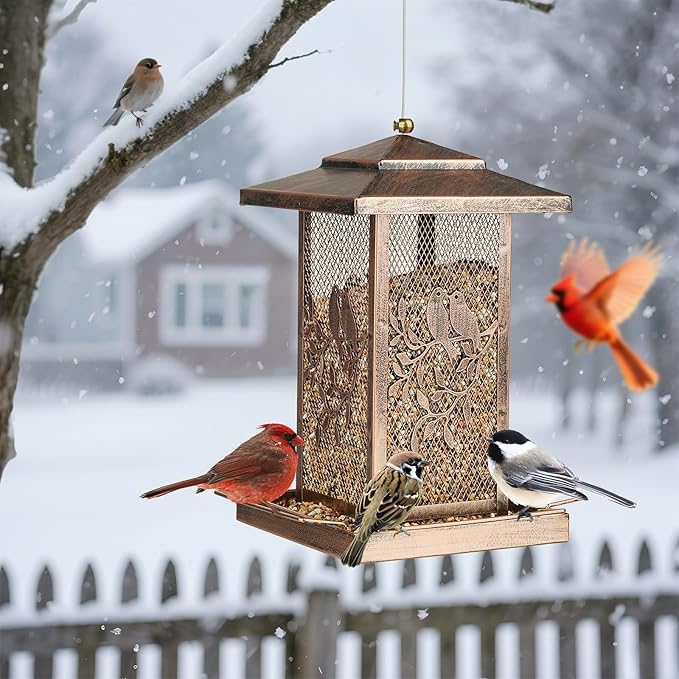 LBTING Bird Feeder for Outside, Metal Lantern-Shaped Bird Feeder, Wild Bird Feeders for Hanging Outdoor Garden Yard, Birds Pattern