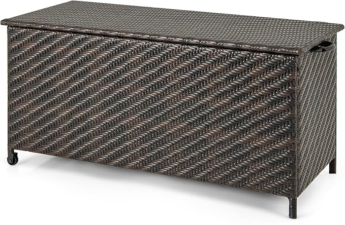 Tangkula Tightly-Woven Rattan Deck Box, Patiojoy Storage Cabinet Container with Polyester Liner, Universal Wheels & Gas Strut, 85 Gallon Indoor Outdoor Storage Box for Pillows, Cushions (Brown)