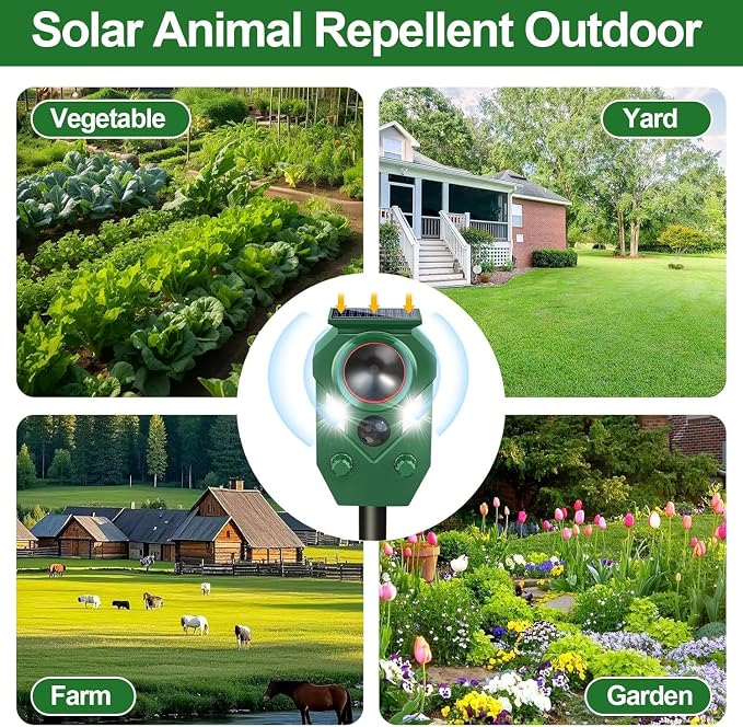 Ultrasonic Animal Repeller Outdoor,Cat Repellent & Deterrent with PIR Sensor & Flashing Light,Solar Powered Deer Repellent Device for Squirrels,Raccoons,Skunks,Rabbits,and Dog,IP65 Waterproof - 2 Pack