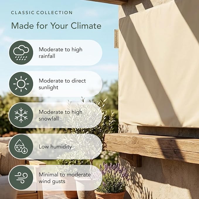 Covermates Outdoor Full TV Cover – Water-Resistant All-Weather Protection for Mounted & Freestanding TVs, 12-Gauge Vinyl with Remote Pocket & Secure Touch Fastener Closure, 65-68 Inches, Classic Tan