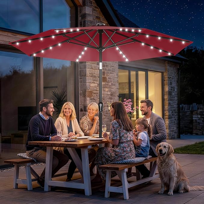AreShark 9FT Patio Umbrella with Solar Lights, 32 Lighted Pool Umbrella w/Tilt and Crank, Outdoor Market Solar Umbrellas for Garden, Deck, Backyard, Pool and Beach, Dark Red