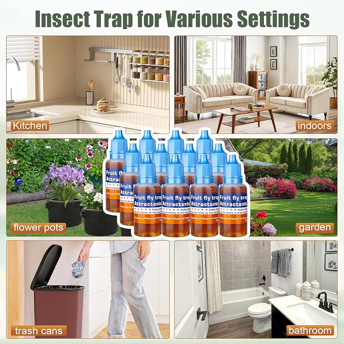 Fruit Fly Trap Refill Liquid, Effective Gnat Killer&Fruit Fly Catcher Bait Refill, Long-Lasting Fruit Scented Ants Attractant for Kitchen Bathroom Living Room Use, Safe Near Food (12 Pack)