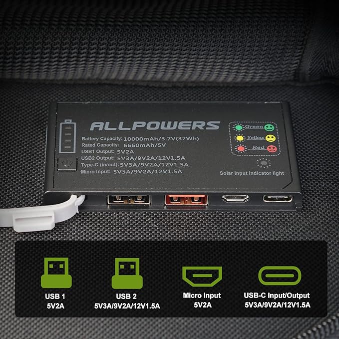 ALLPOWERS SP002 5V 21W Solar Panel, Portable Solar Charger, 3 USB Output & 2 USB Input Waterproof Foldable Solar Panel, PD 18W Fast Charging, High Efficiency Conversion for RV, Outdoor, Camping