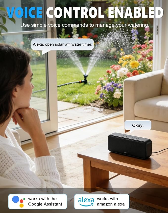 WiFi Solar Sprinkler Timer, 2 Zone Smart Bluetooth Hose Timers, Water Timer for Garden Hose with APP, Digital Automatic Irrigation System Compatible with Alexa Google, for Outdoor Garden Lawn