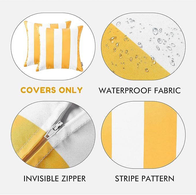 Western Home Pack of 2 Decorative Outdoor Solid Waterproof Striped Throw Pillow Covers Polyester Linen Garden Farmhouse Cushion Cases for Patio Tent Balcony Couch Sofa 18x18 inch Yellow