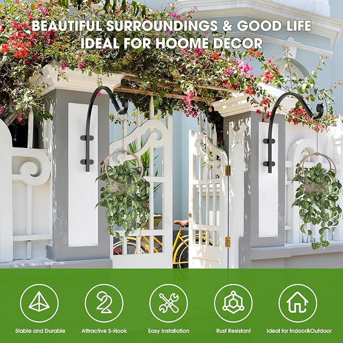 EPHECH 6 Pack Heavy Duty Plant Hanger Hook for Outdoor and Indoor, 16Inch Wall Hanging Basket Bracket, Black Metal Outdoor Hanging Bracket for Hanging Flower Pot Bird Feeder Lanterns