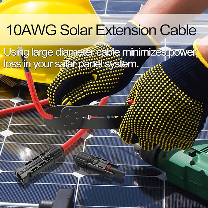 Solar Cables 10Feet 10AWG Solar Extension Cable,6mm² Solar Cable Wire with Female and Male connectors Weatherproof Tinned Copper Extension Cable Wire Adapter Kit (10ft Red + 10ft Black)
