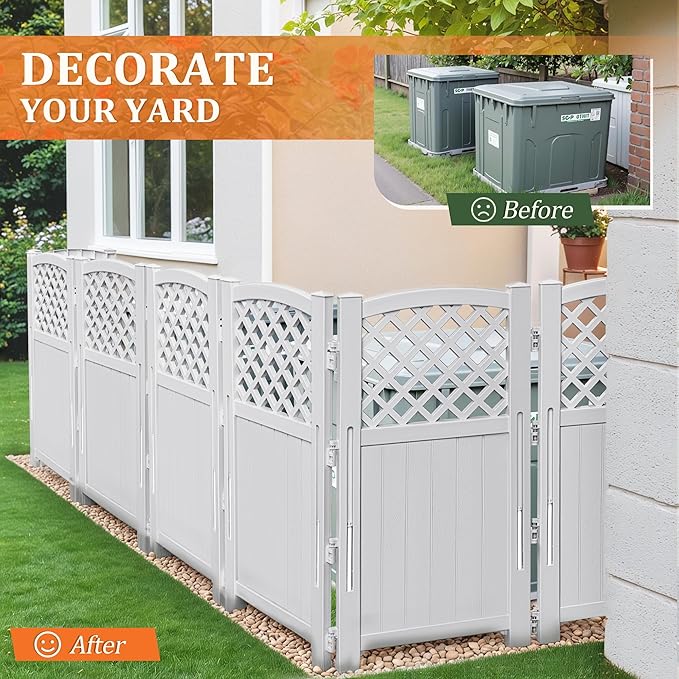 Devoko Outdoor Privacy Fence, 4 Fence Panels Privacy Screen Panels for Outside and Yard, Resin Air Conditioner Lattice Fence for Trash Can (Light Gray)