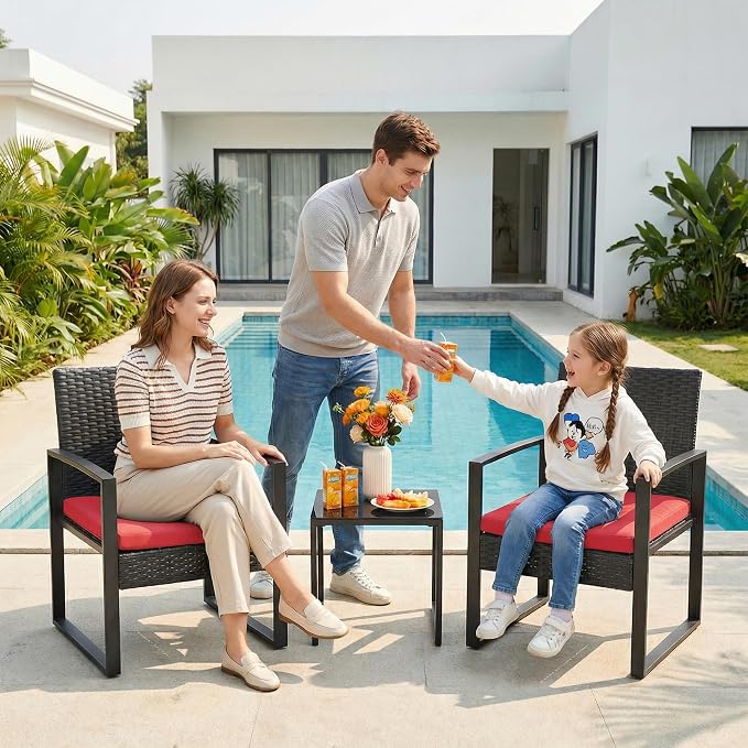 Garvee 3 Pieces Patio Bistro Set, PE Rattan Patio Conversation Set with Tempered Glass Coffee Table, Outdoor Wicker Furniture for Patio Garden Balcony Backyard, Black and Red