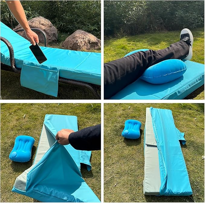 Replacement Covers for Outdoor Chaise Lounge Cushions, 80 x 26 x 3 Inch Patio Lounge Chair Cushion Covers–Waterproof, Fade-Resistant, with 2 Pockets & Inflatable Headrest (Cover Only) Sky blue