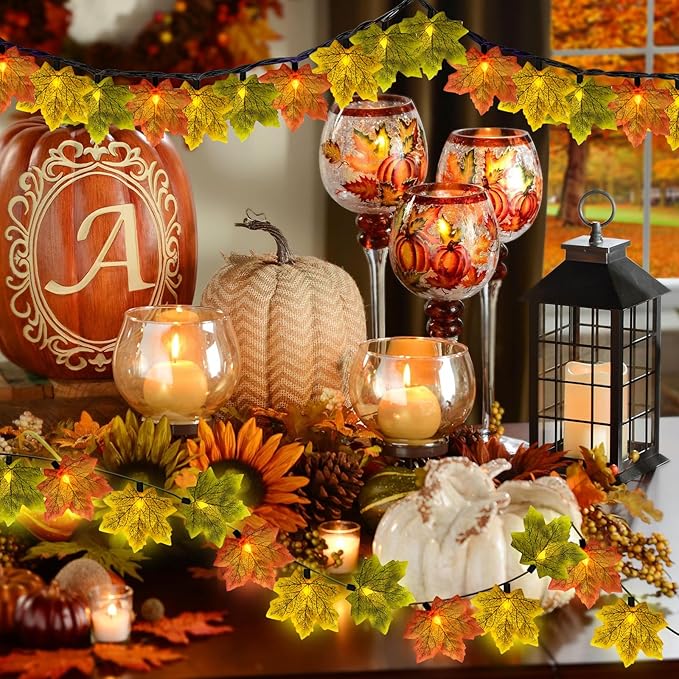 GOOTHY Fall Decor Multicolored Maple Leaf String Lights, 13.6Ft LED Thanksgiving Decorations Lights Plug in with 35 Maple Leaves Light for Indoor Outdoor Halloween Fall Party Home Garland