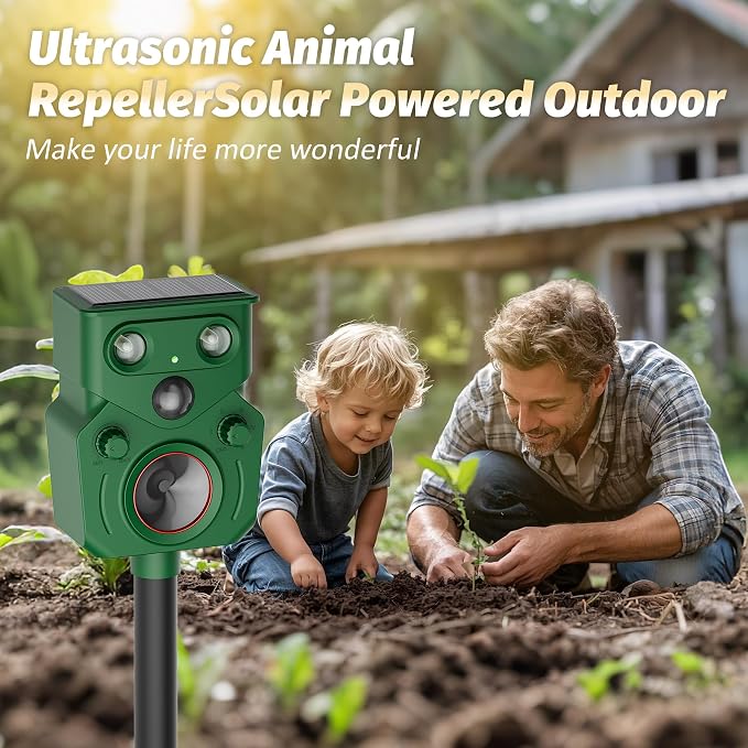 Ultrasonic Deer Repellent Devices 2 Packs , 2026 Upgrade Solar Animal Repeller with Motion Sensor & LED Lights, Waterproof Cat Deterrent Outdoor, Effective Repel Deer, Coyote, Raccoon, and Dog