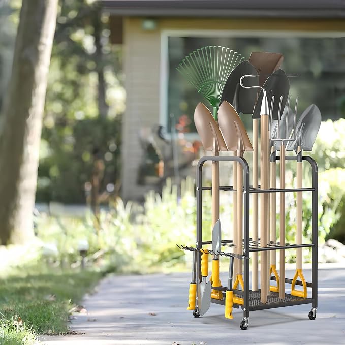 Ultrawall Garden Tool Organizer Stand, Yard Tool Storage Rack with Lockable Wheels, Garage Tool Storage for Rake, Brooms, Indoor & Outdoor Use