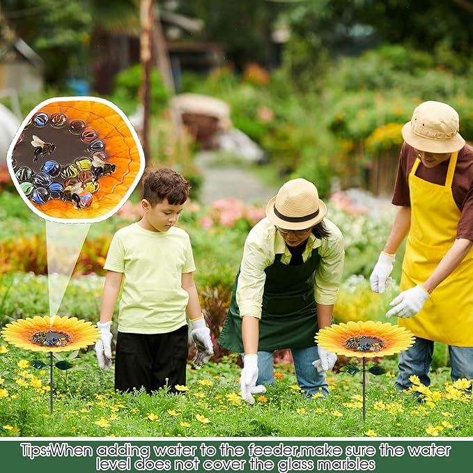 Tandefio Vivid Flower Bee Watering Station Metal Butterfly Water Feeder Cup with 30 Colorful Glass Marbles Bee Feeder Butterfly Bath Bowl for Garden Outdoor Yard Decors(Yellow Red,Sunflower)