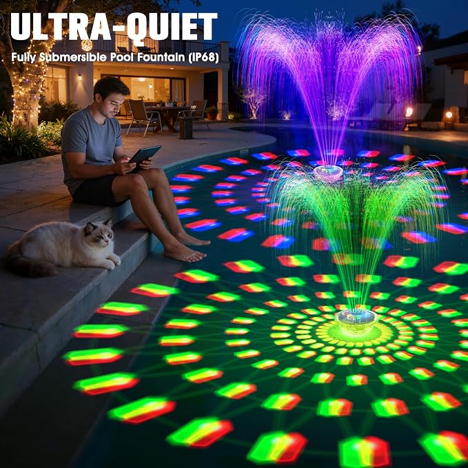 8000mAh Rechargeable Pool Fountain with Lights,2026 Floating Pool Fountain for Above Ground Pool Water Fountain Pump with Anchor,Upgraded Swimming Pool Fountain Floating Pump for Pool Pond-Light Blue