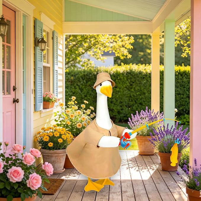 Fishing Porch Goose Outfits, Fisherman Costume for 23 Inch Plastic/Cement Goose, Goose Sculpture Clothes for Summer Yard Patio Party Decoration(Fishing Enthusiast 1)