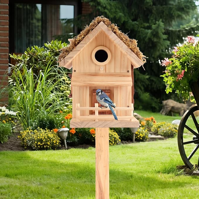 Bird Houses for Outside – Bird House Kits, DIY for Adults & Kids, 1.5" Entrance, Premium Pine, Moss Roof, Bark Siding, Side-Opening Door, Easy Clean,Family Craft for Garden,Backyard or Patio