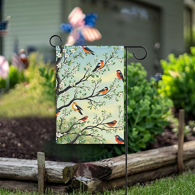 Spring Flower Birds House Flag 28x40 Inch Double Sided Outside Cherry Blossoms Tree Seasonal Yard Outdoor Flag Banner for Garden Lawn Patio Holiday Decorations