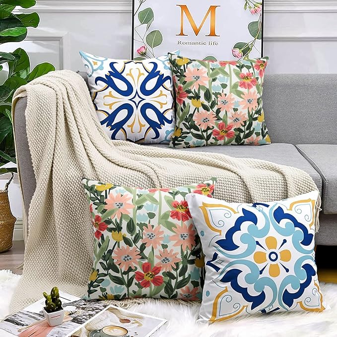 Pyonic Outdoor Pillows Cover Pack of 2 Spring Floral Waterproof Throw Pillow Covers 20X20 inch Outdoor Pillows for Patio Furniture Garden Square Outside Waterproof Pillow