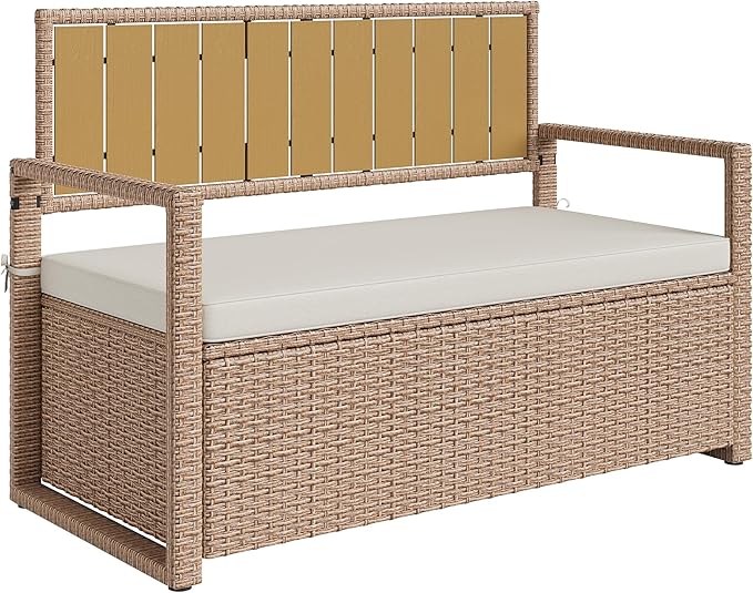 Outdoor Storage Bench with Cushion, 2-Person All-Weather PE Rattan Patio Bench with Backrest & Armrests, Waterproof Wicker Deck Box Seat for Garden, Porch, Poolside & Backyard, Metal Frame,Yellow