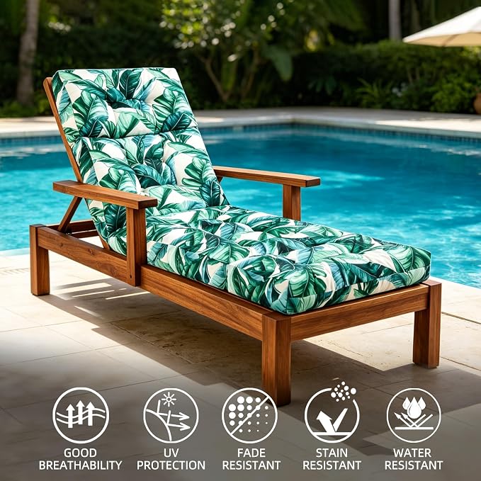 Patio Chaise Lounge Cushions, 70.5"x21"x4" Waterproof Replacement Beach Pool Lawn Outdoor Lounge Chair Cushion, Non-Slip Bottom & Secure Ties for Outdoor Furniture,Agave, 1Count