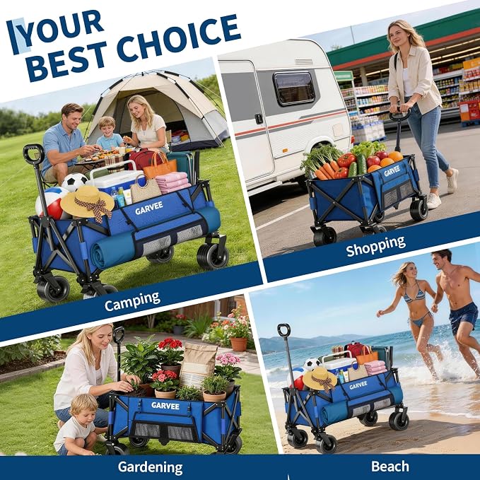 Wagon Carts Foldable, 460LBS Weight Capacity 280L Collapsible Wagon with All-Terrain Wheels, Drink Holders, Storage Cover&Elastic Rope, Utility Carts for Groceries, Shopping, Camping, Sports -Blue